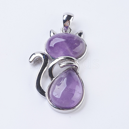 Natural Amethyst Kitten Pendants X-G-P352-B06-1