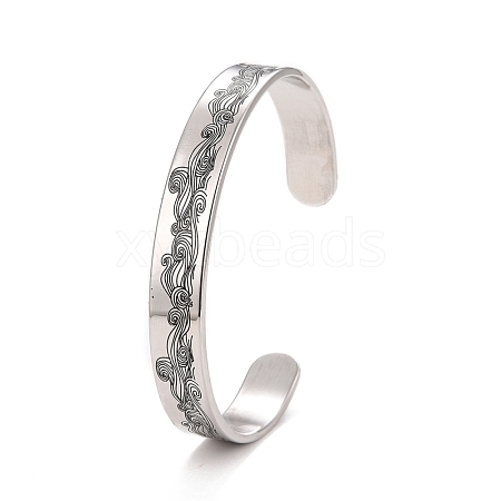 Non-Tarnish Wave Pattern 304 Stainless Steel Open Cuff Bangle BJEW-M289-01P-1