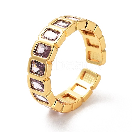 Rectangle Brass Micro Pave Cubic Zirconia Open Cuff Ring for Women RJEW-Z044-04G-02-1