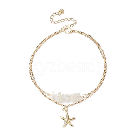 Natural White Moonstone Chips Beaded & Starfish Charms Double Layer Multi-strand Bracelet AJEW-AN00511-01-1