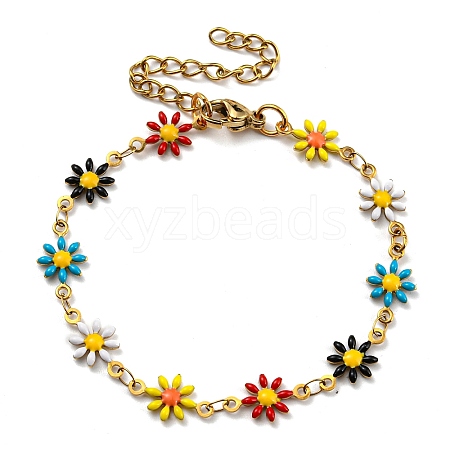 Ion Plating(IP) Golden 304 Stainless Steel Flower Link Chain Bracelets with Enamel BJEW-E088-02G-07-1