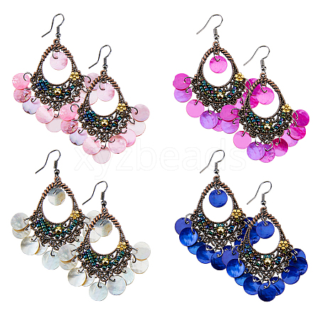 FIBLOOM 4 Pairs 4 Colors Natural Shell Boho Chandelier Earrings EJEW-FI0002-07-1