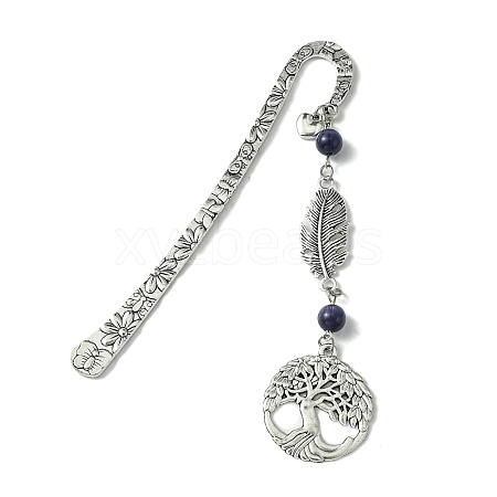 Tree of Life Feather Tibetan Style Alloy Pendant Bookmark with Cat Eye AJEW-JK00277-07-1