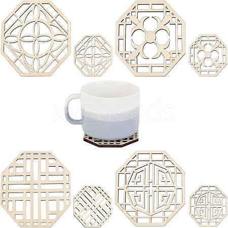 SUPERFINDINGS 8Pcs 4 Style Octagon Wooden Carved Cup Mats WOOD-FH0001-97-1