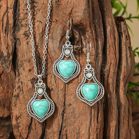 Bohemian Style Zinc Alloy & Synthetic Turquoise Pendant Necklaces & Dangle Earrings Sets WG40DB6-09-1