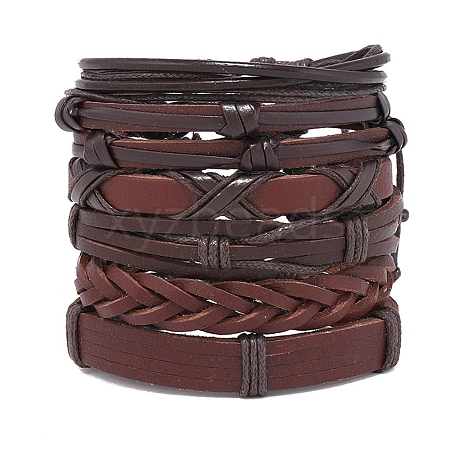 6Pcs 6 Style Adjustable Braided Imitation Leather Cord Bracelet Set with Waxed Cord for Men BJEW-F458-15-1