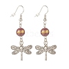 Round Natural Mashan Jade with Alloy Dragonfly Dangle Earrings EJEW-JE04855-01-1