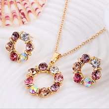 Ring Alloy Rhinestone Pendant Necklace & Stud Earrings Sets WG4EA96-02