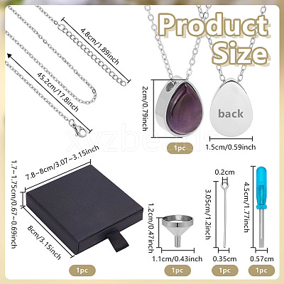 Natural Amethyst Teardrop Urn Ashes Pendant 304 Stainless Steel Cable Chain Necklaces NJEW-OC0001-09C-1