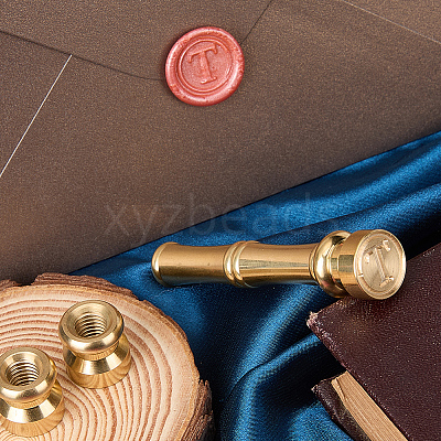 1Pc Golden Tone Brass Wax Seal Stamp Head with Bamboo Stick Shaped Handle STAM-CP0001-04M-1