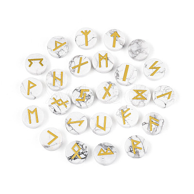 Brass Elder Futhark Alphabet Engraved Symbol Flat Round Natural Howlite Rune Stones G-I373-01F-1