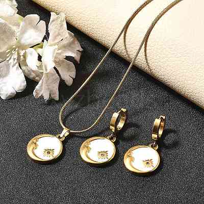 304 Stainless Steel Enamel & Rhinestone Pendant Necklaces & Hoop Earring Set for Women SJEW-C007-02G-02-1