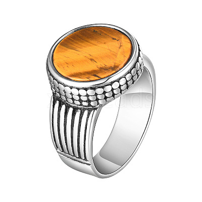 304 Stainless Steel with Natural Tiger Eye Finger Rings for Men FS-WGE1297-04-1