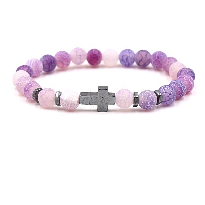 8MM Round Natural Weathered Agate(Dyed & Heated) Beaded Stretch Bracelets with Synthetic Non-magnetic Hematite Cross FA1012-9-1