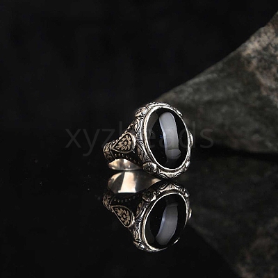 Oval Natural Dyed & Heated Black Agate Finger Rings PW-WG03CB0-01-1