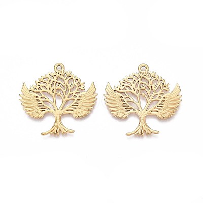 304 Stainless Steel Hollow Tree of Life with Angel Wings Pendants STAS-T067-39G-1