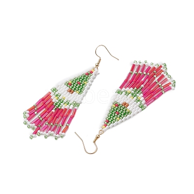 Christmas Tree Glass Seed Beaded Tassel Dangle Earrings for Women EJEW-MZ00207-1