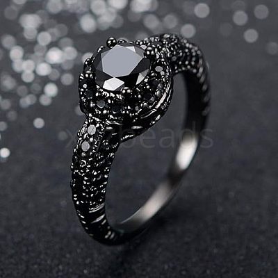 Flat Round Brass Jet Rhinestone Finger Rings FS-WG232E0-02-1