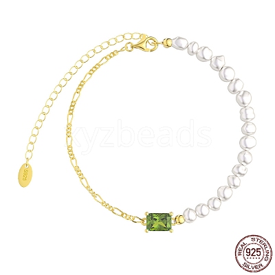 Natural Freshwater Pearls Beaded Bracelets with Cubic Zirconia Rectangle Link BJEW-I314-137-1
