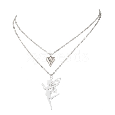 Stainless Steel Fairy and Heart Pendant 304 Stainless Steel Cable Chain Double Layer Necklaces for Women NJEW-JN05810-02-1