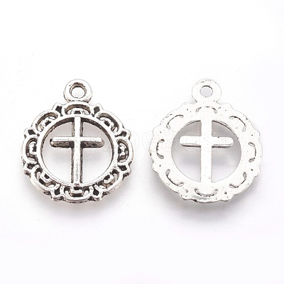 Tibetan Style Flat Round with Cross Alloy Pendants X-TIBEP-Q054-07AS-RS-1