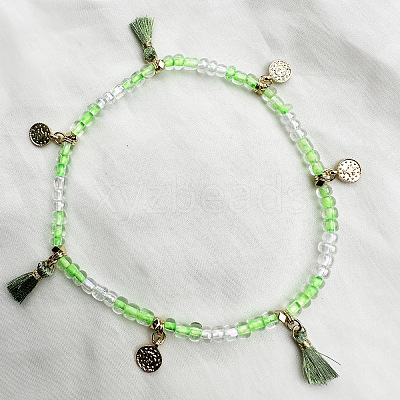 Bohemian Style Alloy Coin Charm Tassel Plastic Seed Beaded Stretch Anklets FS-WGB8A48-15-1