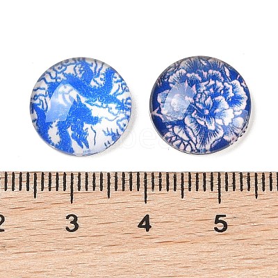 Blue and White Floral Printed Glass Cabochons GGLA-A002-14mm-XX-1