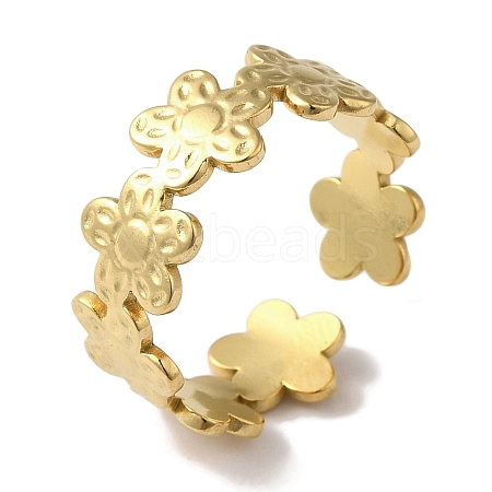 PVD Vacuum Plating 201 Stainless Steel Flower Open Cuff Rings for Women RJEW-C092-22G-1