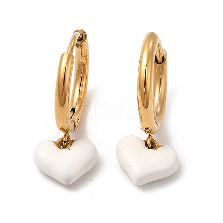 White Enamel Heart Dangle Hoop Earrings EJEW-P219-07G-1