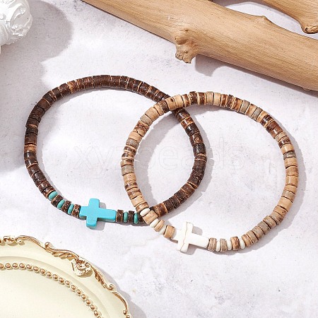 2Pcs Cross Natural Coconut & Synthetic Turquoise Beads Stretch Bracelets for Men BJEW-JB11389-1