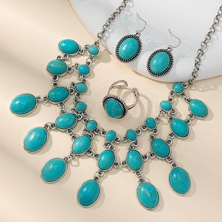 Oval Bohemian Style Synthetic Turquoise Pendant Necklaces & Dangle Earrings & Rings Sets FS-WG356F5-01-1