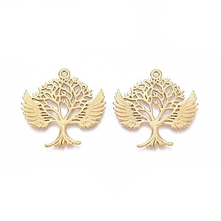 304 Stainless Steel Hollow Tree of Life with Angel Wings Pendants STAS-T067-39G-1