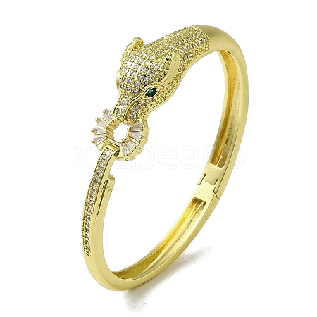 Brass Pave Clear & Green Cubic Zirconia Leopard Hinged Bangle for Women BJEW-K246-21G-G-1