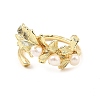 Brass Leaf Open Cuff Ring with Natural Pearl Beaded for Women RJEW-K090-02G-2