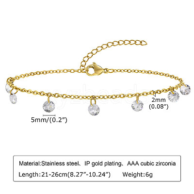 304 Stainless Steel Cable Chain with Flat Round Cubic Zirconia Charm Anklets WG525D3-02-1