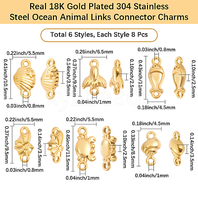 48Pcs 6 Styles Ocean Marine Organism 304 Stainless Steel Links Connector Charms STAS-BBC0010-79-1