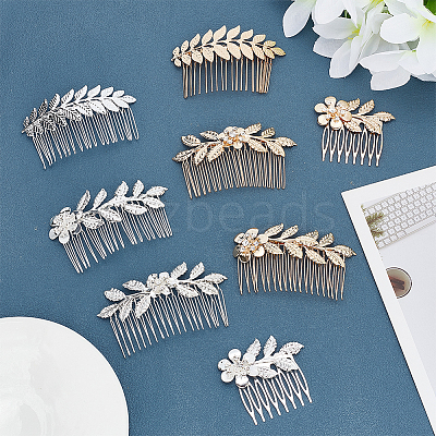 10Pcs 10 Style Wedding Bridal Flower & Leaf Iron Hair Combs OHAR-BC0001-02-1