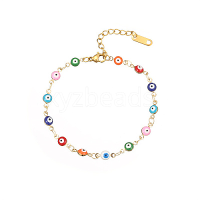 Golden Tone 304 Stainless Steel Enamel Evil Eye Link Chain Bracelets for Women CI4530-3-1