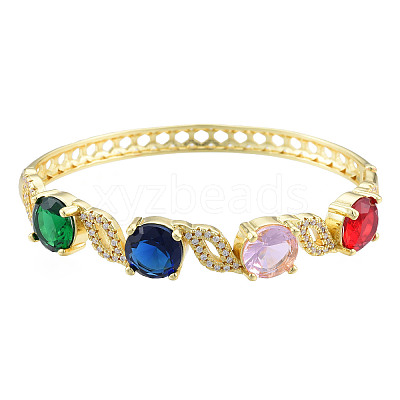Cubic Zirconia Flat Round & Leaf Hinged Bangle BJEW-N012-049-1