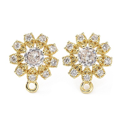 Hollow Flower Brass Micro Pave Cubic Zirconia Stud Earrings Finding KK-E083-07G-1