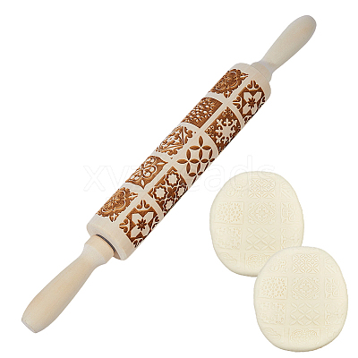 Wood Decorative Flower Pattern Rolling Pin AJEW-WH0596-430A-1