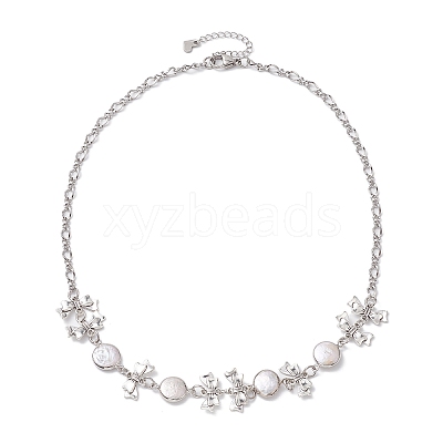 Flat Round Pearl with Bowknot Alloy Link Necklaces NJEW-JN04812-1