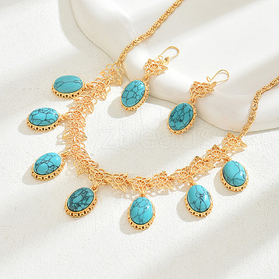Middle Eastern Synthetic Turquoise & Alloy Oval Pendant Necklace & Earrings Sets for Wedding AL5666-1