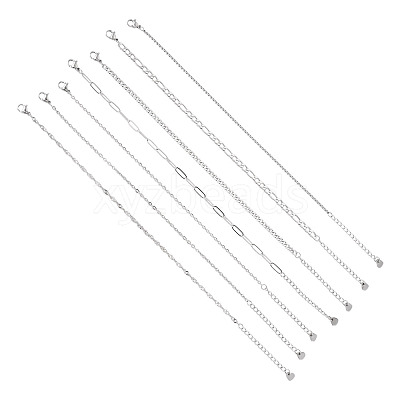 7Pcs 304 Stainless Steel Figaro Chains & Venetian Chains & Water Wave Chains & Cable Chains & Rolo Chains & Curb Chain Bracelets Set for Women BJEW-TADJ00001-1
