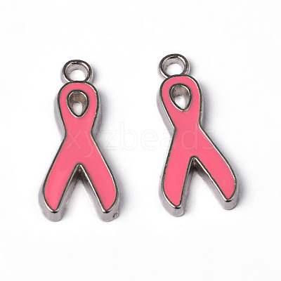 Breast Cancer Pink Awareness Ribbon Alloy Enamel Pendants X-EA546Y-2-1