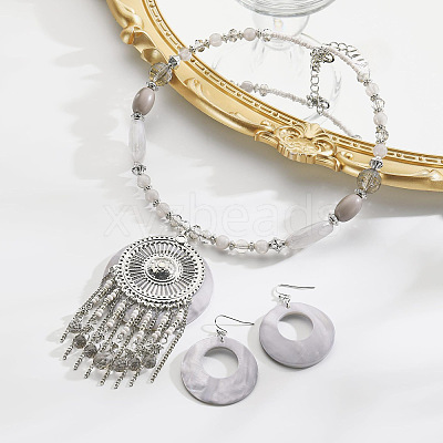 Bohemian Ethnic Style Alloy & Acrylic & Natural Shell Flat Round Tassel Pendant Necklaces & Dangle Earrings Sets FS-WGE5C82-04-1