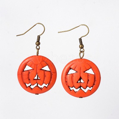 Halloween Pumpkin Jack-O'-Lantern Jack o Lantern Synthetic Turquoise Dangle Earrings EJEW-JE01571-02-1