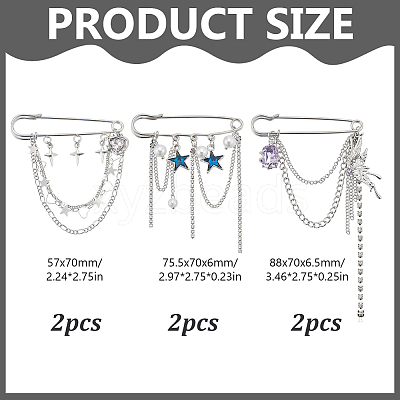 6Pcs 3 Stylesc Alloy Safety Pins JEWB-HY0001-66C-1