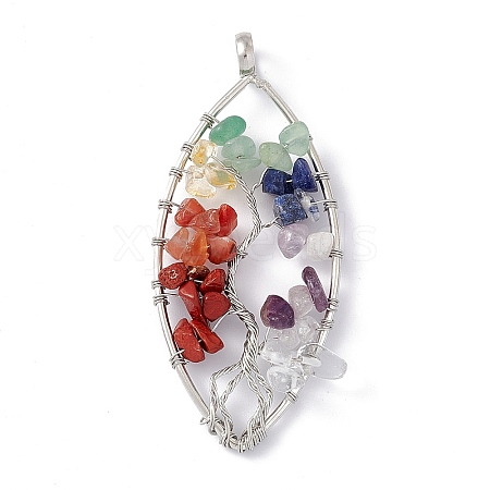 7 Chakra Leaf Natural Mixed Stone Copper Wire Wrapped Chip Big Pendants G-E195-01P-01-1