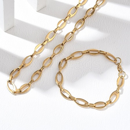 304 Stainless Steel Hollow Oval Link Chain Necklaces &  Bracelets Sets SJEW-D091-07G-1